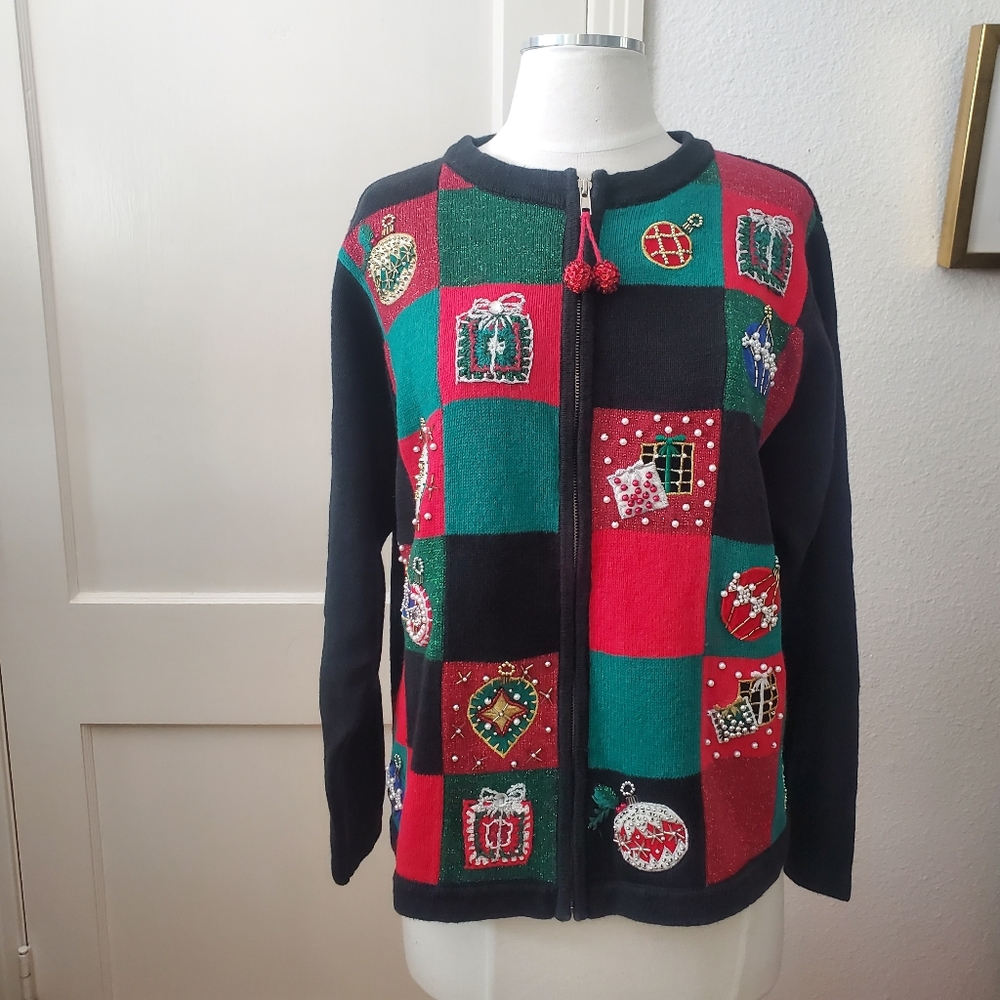 Vintage Y2K Victoria Jones, Patchwork Christmas Sweater, L